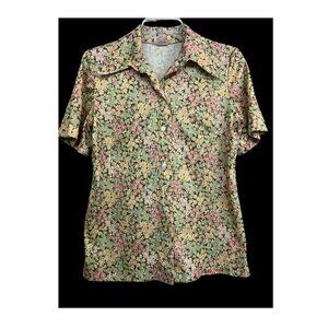 Vtg 70s Women Dagger Collar Floral Mod Poly Top Button Front Sz L Cottagecore